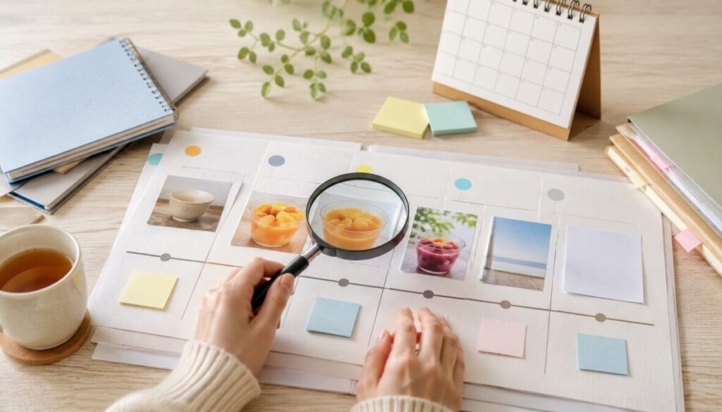 フルーツゼリーの写真を並べた時系列資料を、カレンダーと虫眼鏡を使って確認する手元