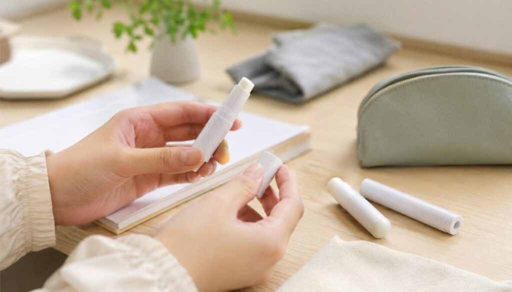 木製の机で、無地の白い携帯型スティックのキャップを外し、形状を確認する手元
