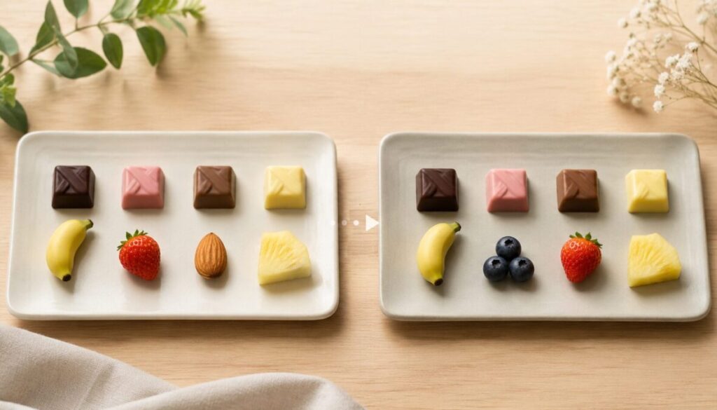 左にアーモンド、右にブルーベリーを添えた2つのチョコレートセットを並べ、フレーバーの入れ替わりを示した構図