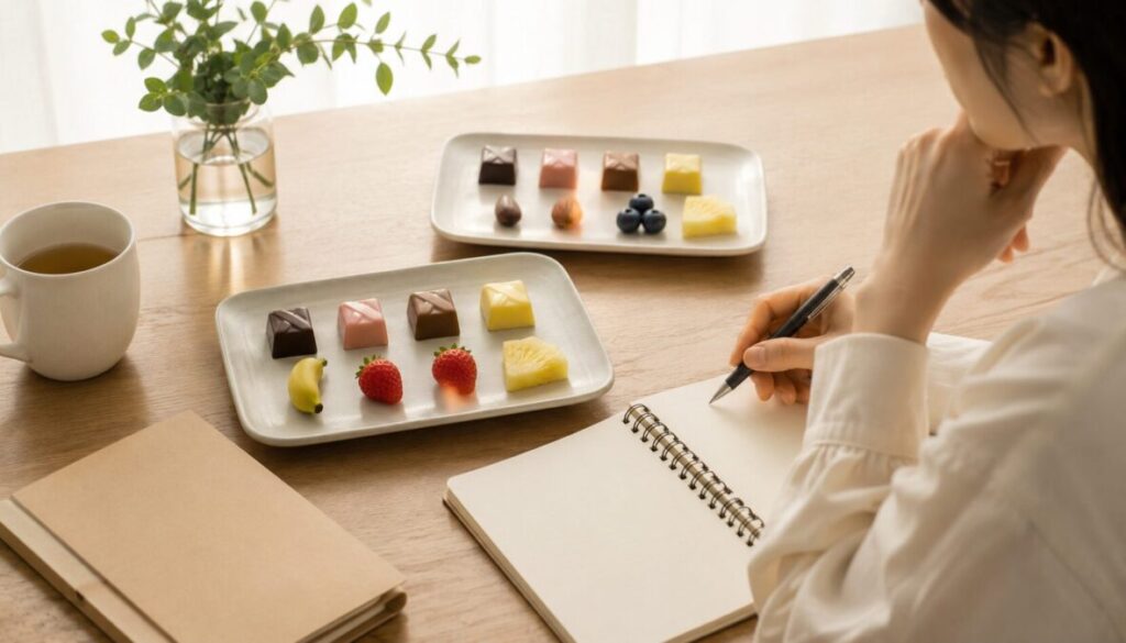 異なる果物とチョコレートを並べた2つのトレーを前に、女性がノートへ整理しながら内容を確認している様子