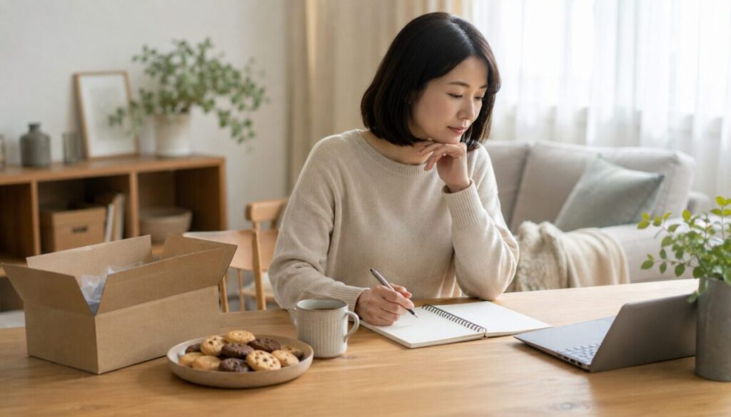 配送箱とクッキー、ノートパソコンを前に、ノートへ情報を書き留める女性
