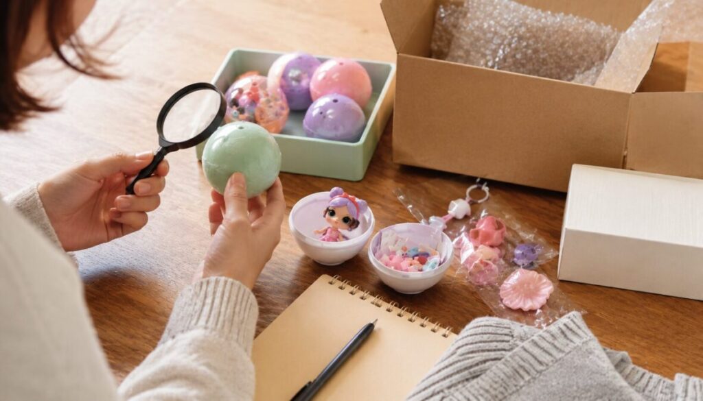 虫眼鏡でカプセル型玩具を確認し、開封した箱や付属品を見比べる手元