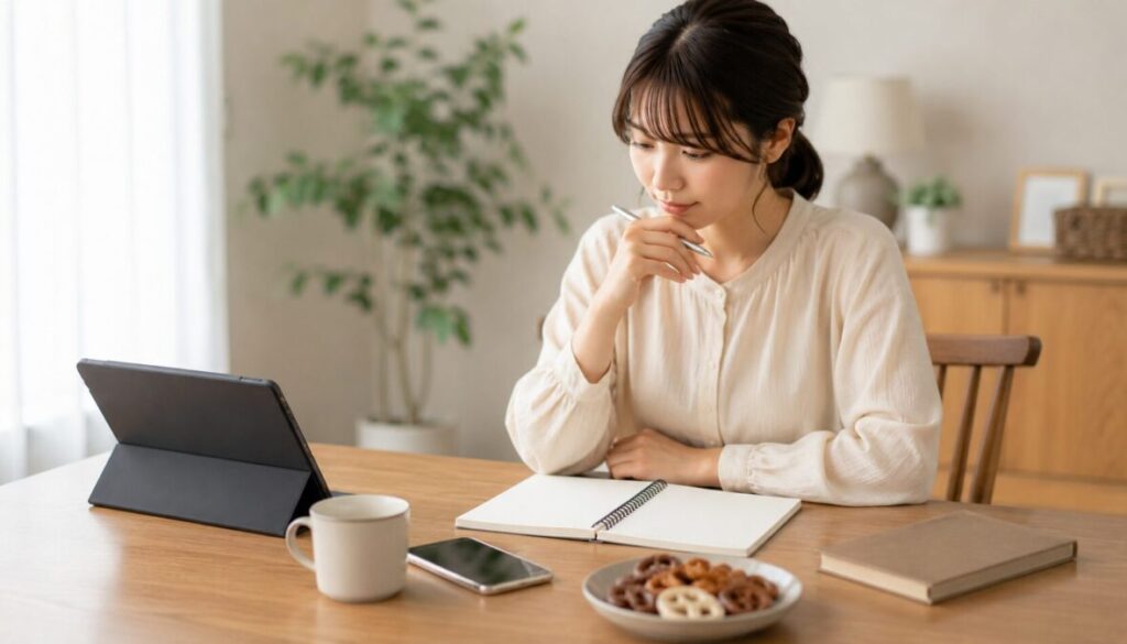 タブレットやスマートフォン、ノート、プレッツェル状の菓子を整えた机で、確認した情報を落ち着いて整理する女性。