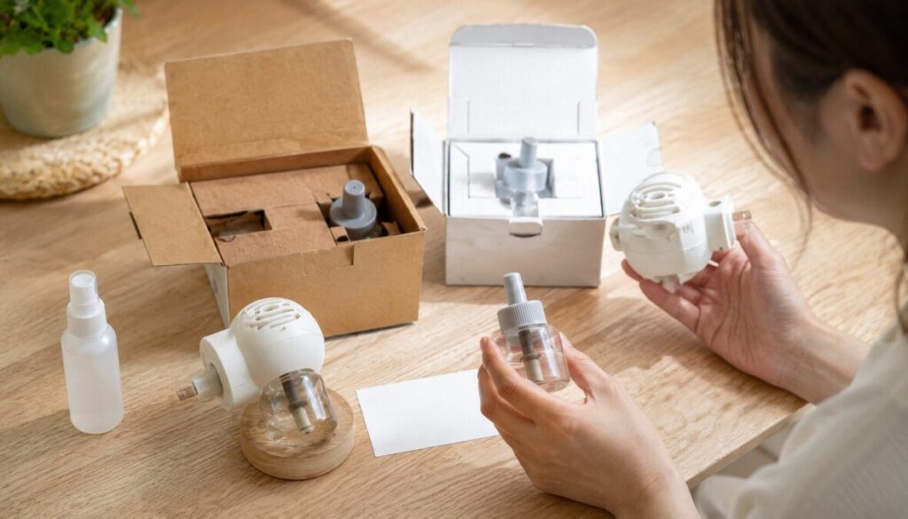 木製の机で、女性が専用拡散器と交換用ボトルを手に取り、スプレーボトルや開封した箱の内容を見比べている
