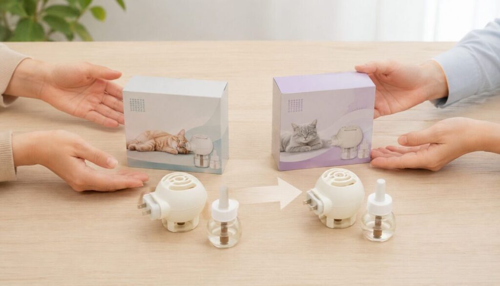 木製の机に異なる外装の専用拡散器とボトルのセットを並べ、複数の手と中央の矢印で取り扱いの移行を表している