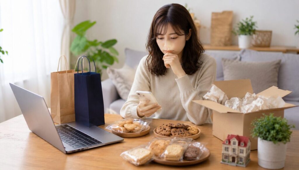 ノートパソコンや買い物袋、配送箱、クッキーを前に、スマートフォンを確認する女性
