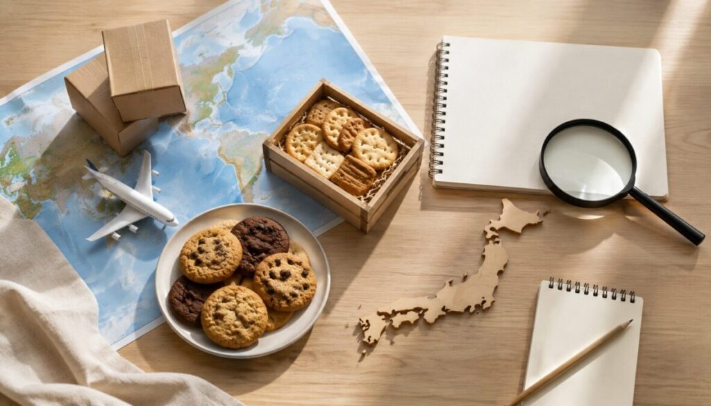 世界地図と日本列島の模型を囲むように、複数のクッキー、配送箱、飛行機模型、虫眼鏡、ノートを並べた俯瞰構図