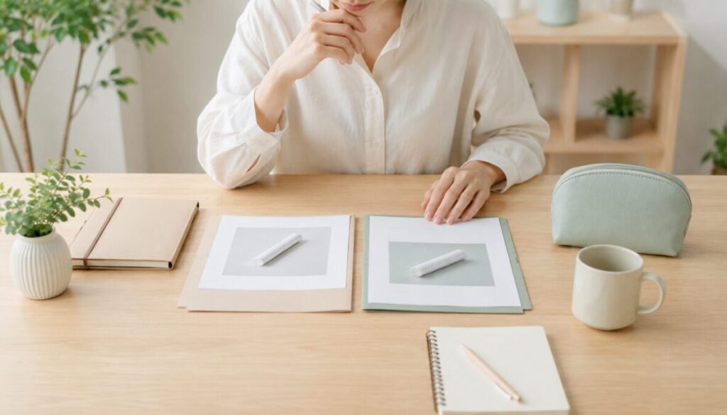 明るい木製の机で、白い細身のスティックが写った2枚の資料を並べて確認する女性