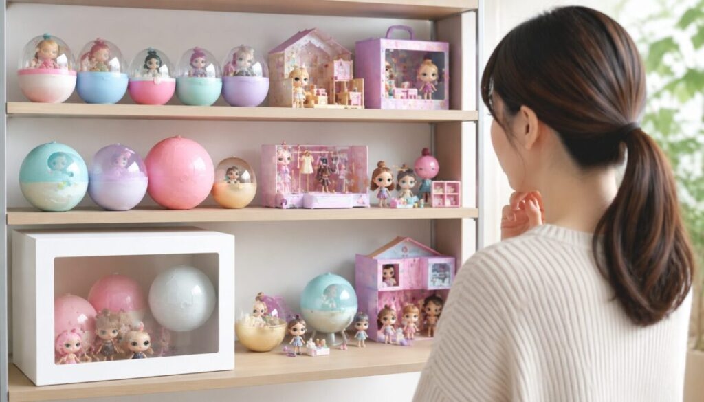 棚に並ぶ複数のカプセル型玩具やドール商品を見比べる女性