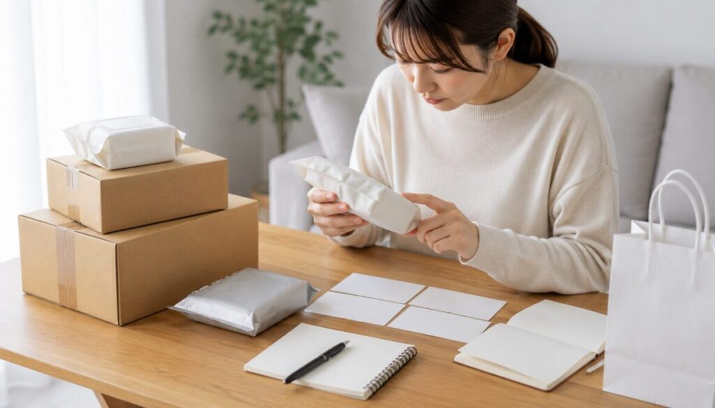 木製テーブルで、女性が無地の小包を手に取り、複数の配送箱や条件確認用のカードを見比べている