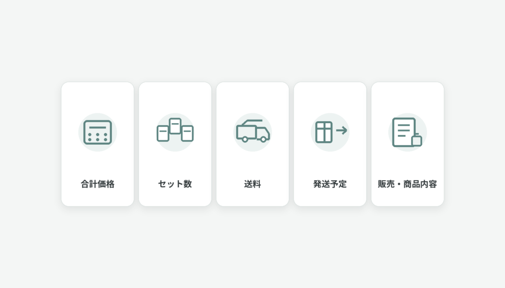 合計価格やセット数、送料など通販購入時の5つの確認条件を均等なカードで整理した図解