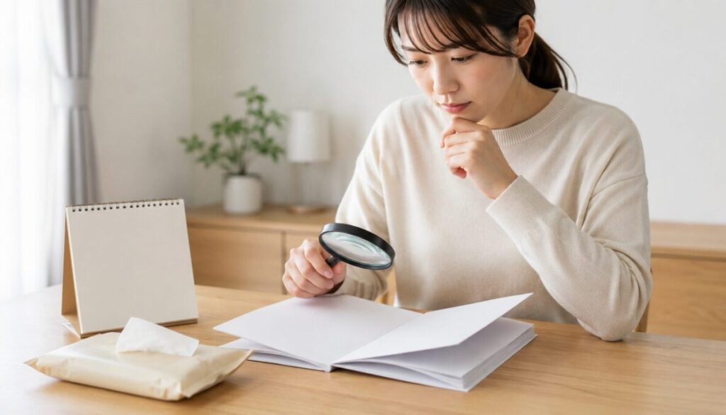 木製テーブルで、女性が虫眼鏡を使って無地の資料と卓上カレンダーを確認し、そばに無地の乾燥機用シートの袋が置かれている。