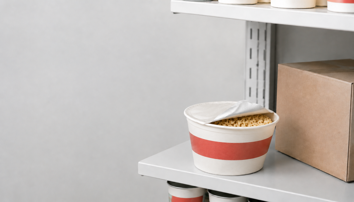 淡いグレーの商品棚に、縮れ麺が見える無地のカップ麺容器と配送箱が並ぶ様子