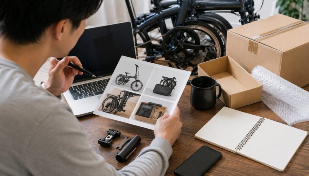 折りたたみ自転車の資料を確認しながら、配送箱や工具を前に購入条件を整理する人物