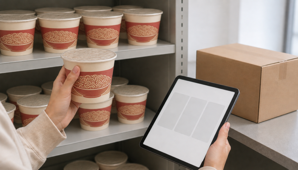 無地のカップ麺が並ぶ商品棚の前で、手元のカップと文字のないタブレット画面を見比べ、横に配送箱が置かれている場面