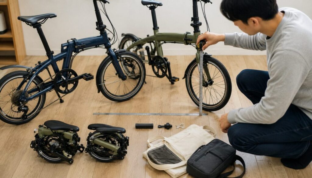 2台の折りたたみ自転車を並べ、人物がメジャーで車体の高さを確認している場面