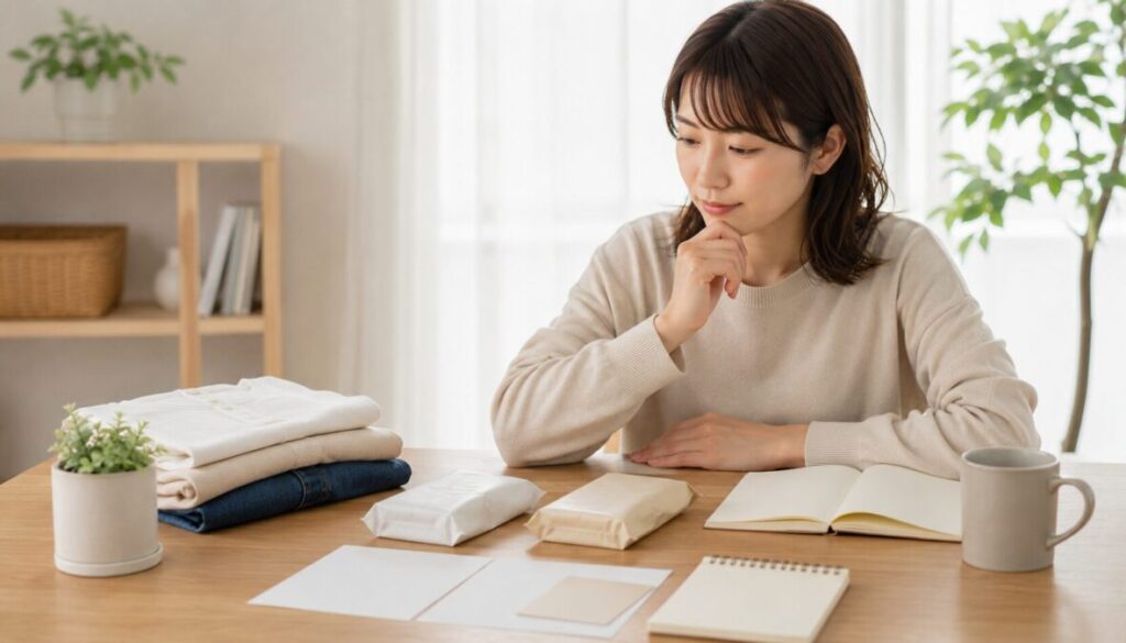 明るい室内の机で、女性がクリップボードの無地資料を確認し、そばに無地の箱、畳んだ衣類、ノートを整理している