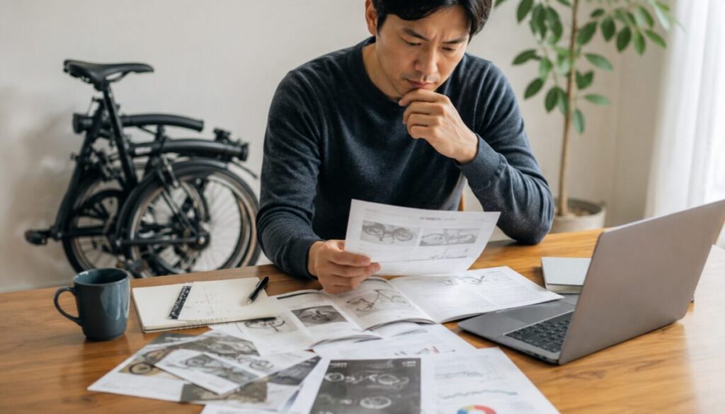 机上の資料を確認する男性と、背景に置かれた折りたたみ自転車