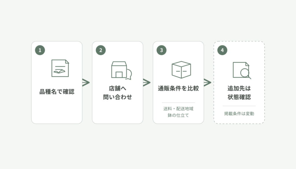 ポトス・ステータスを探す際に、品種名の確認から店舗への問い合わせ、通販条件の比較、追加掲載先の状態確認へ進む順序を示した4ステップ図