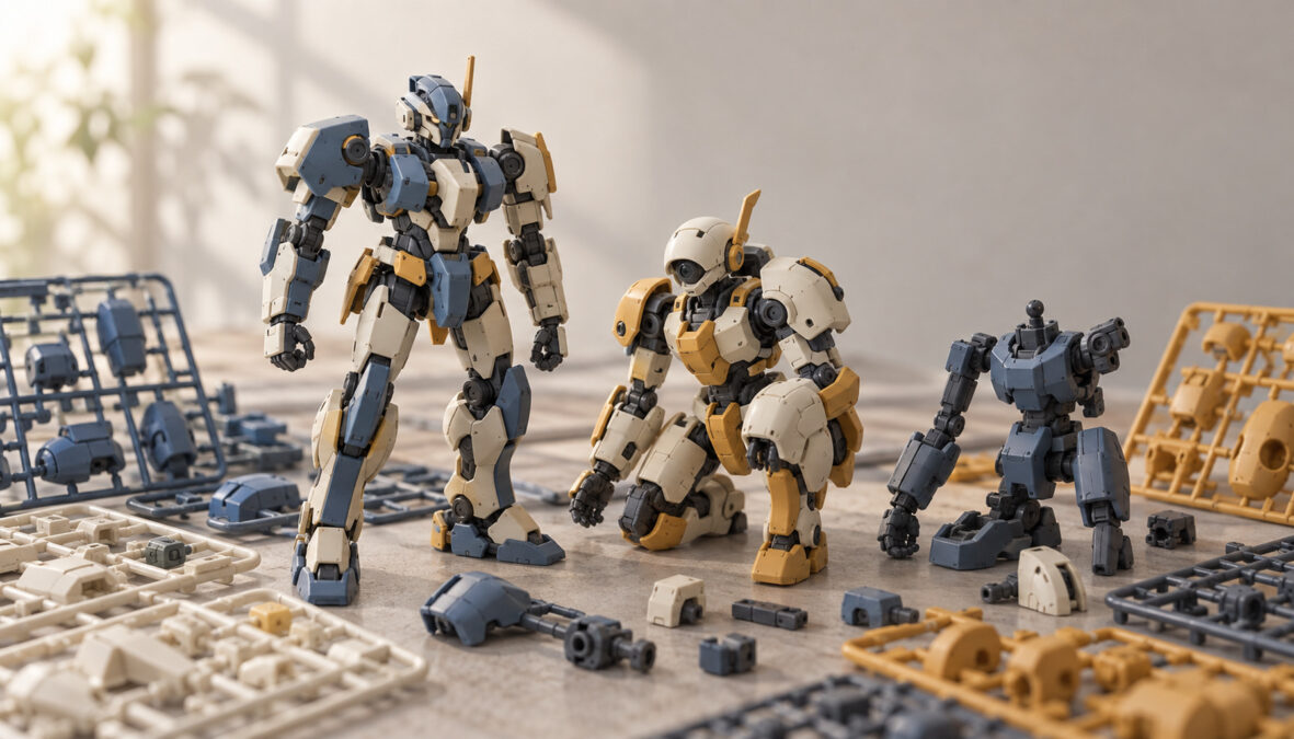 机上に並ぶ青灰色と白・黄土色の小型人型ロボット模型、組み立て途中の胴体、周囲のランナーと部品。