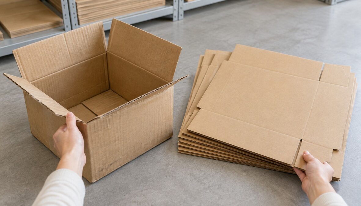 折り跡のある使用済みダンボール箱と、整った新品の折りたたみダンボールを手で見比べている場面