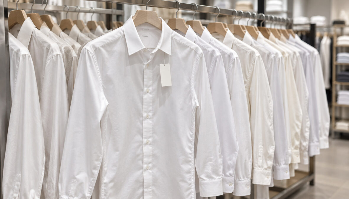 衣料品ラックに並ぶ白い長袖ワイシャツと、手前のシャツに付いた文字のない紙タグ